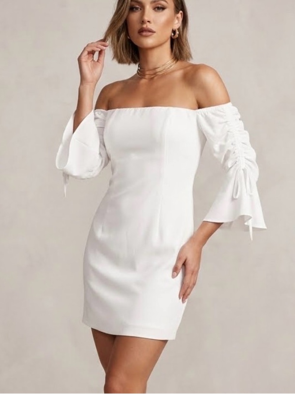 Marciano White Off The Shoulder Long Sleeve Bodycon Mini Dress bell sleeve 1894